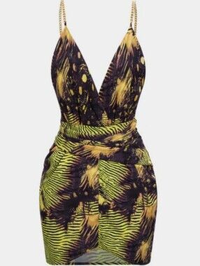 MICAS Asymmetrical mini dress with tropical print and Chain Size MEDIUM